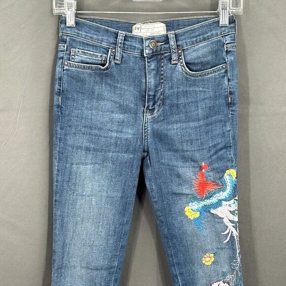 Free People Jeans Women 25 Embroidery Peacock Floral Raw Hem Mid Rise Denim Boho - Picture 5 of 11